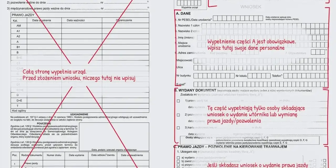 Wniosek o wydanie prawa jazdy, gdy zgubione prawo jazdy. Wypełnij dane osobowe i zaznacz odpowiednią opcję.