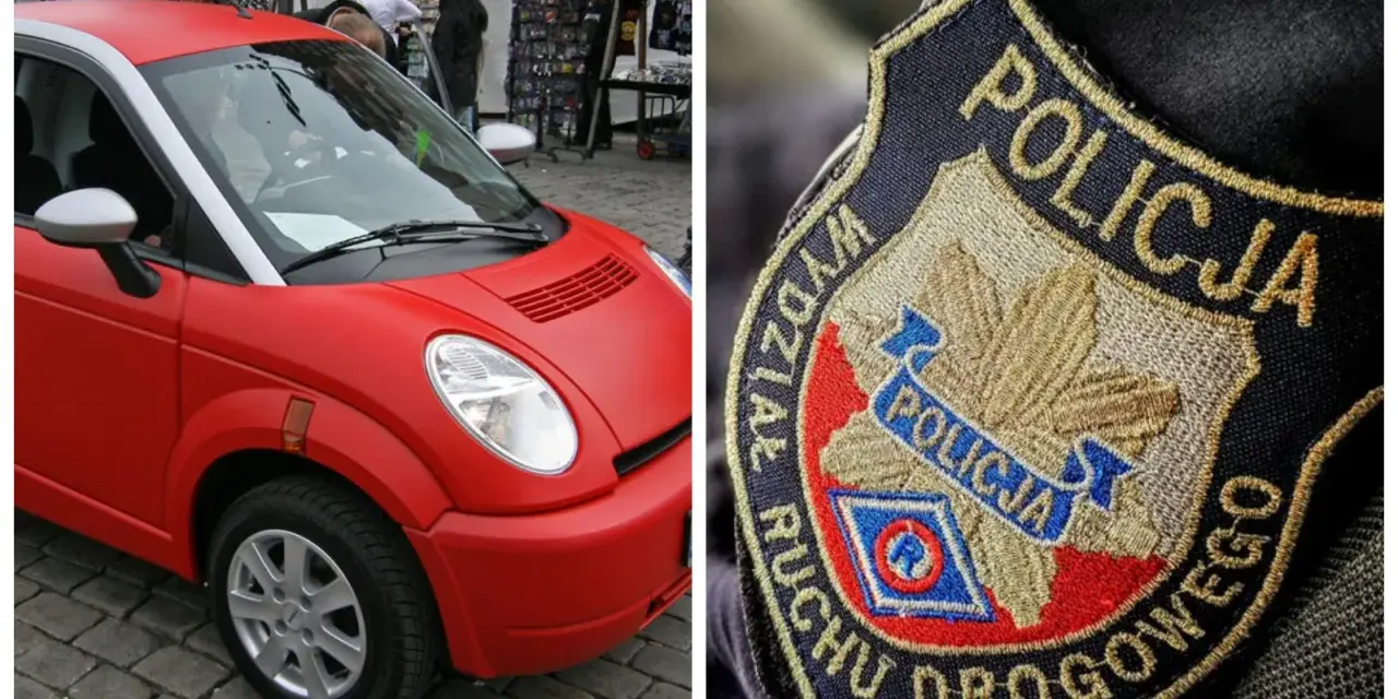 Czerwony pojazd, który może być prowadzony bez prawa jazdy, obok naszywki policji.