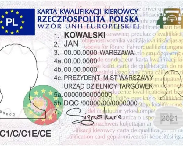 Karta kwalifikacji kierowcy z danymi osobowymi, zdjęciem i pieczęciami.