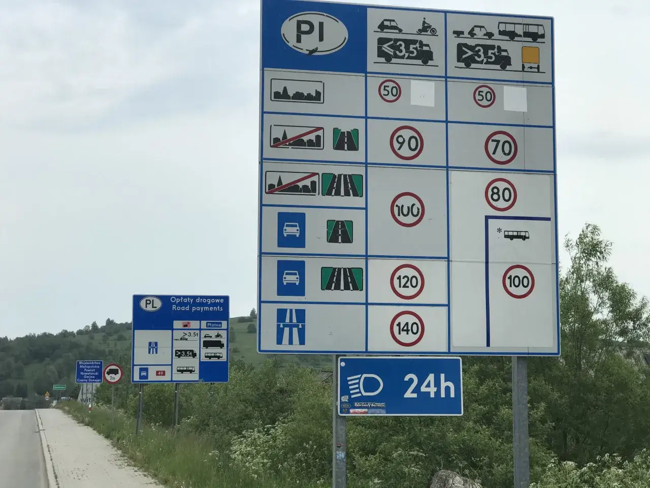 Znaki drogowe informują o dopuszczalnej prędkości na autostradzie: 140 km/h dla samochodów osobowych, 100 km/h dla autobusów i 80 km/h dla ciężarówek.