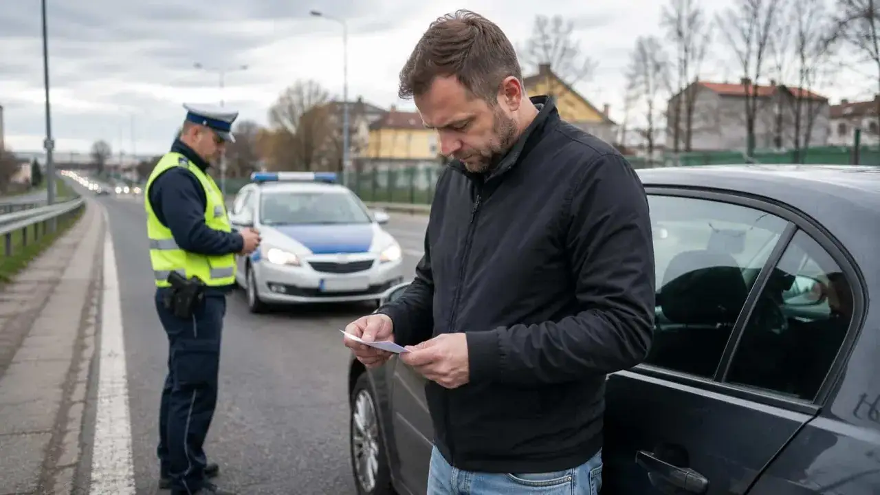 Mężczyzna z dokumentem w ręku, obok radiowozu i policjanta. Wygląda na to, że czeka go zatrzymanie prawa jazdy.
